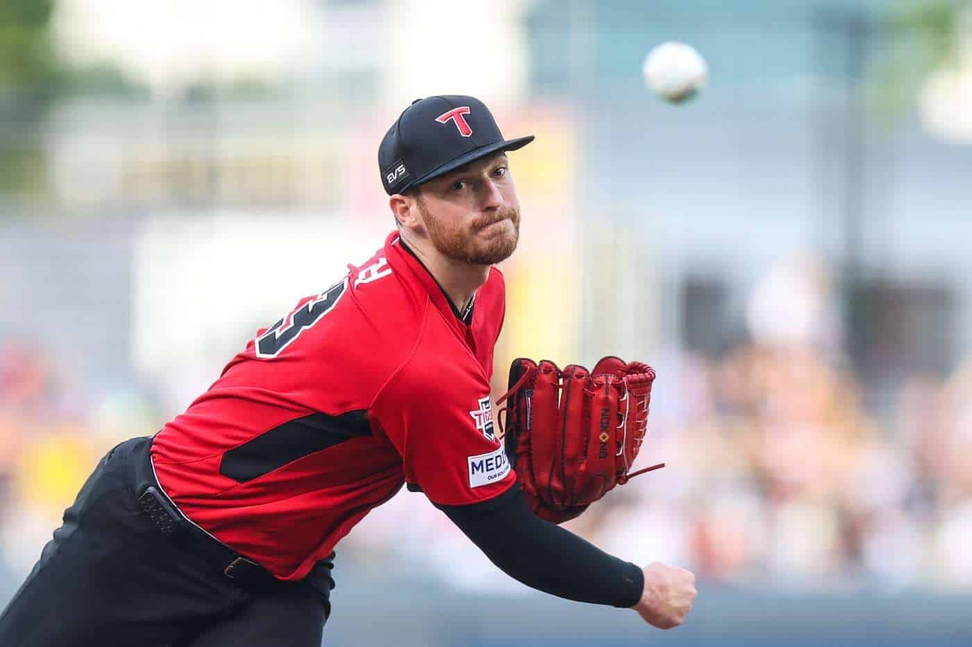 Adam Oller pitches for the KIA Tigers during the 2026 KBO season