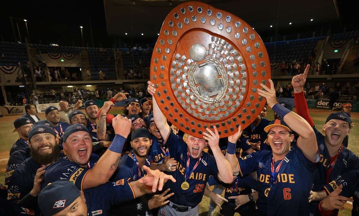 Adelaide Giants players lift the Claxton Shield after winning the 2026 Australian Baseball League championship