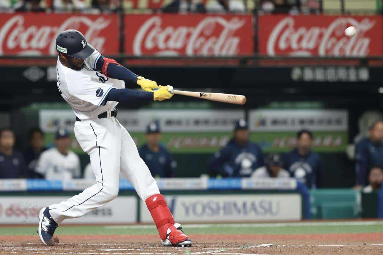 Alexander Canario swings for the Saitama Seibu Lions during the 2026 NPB season