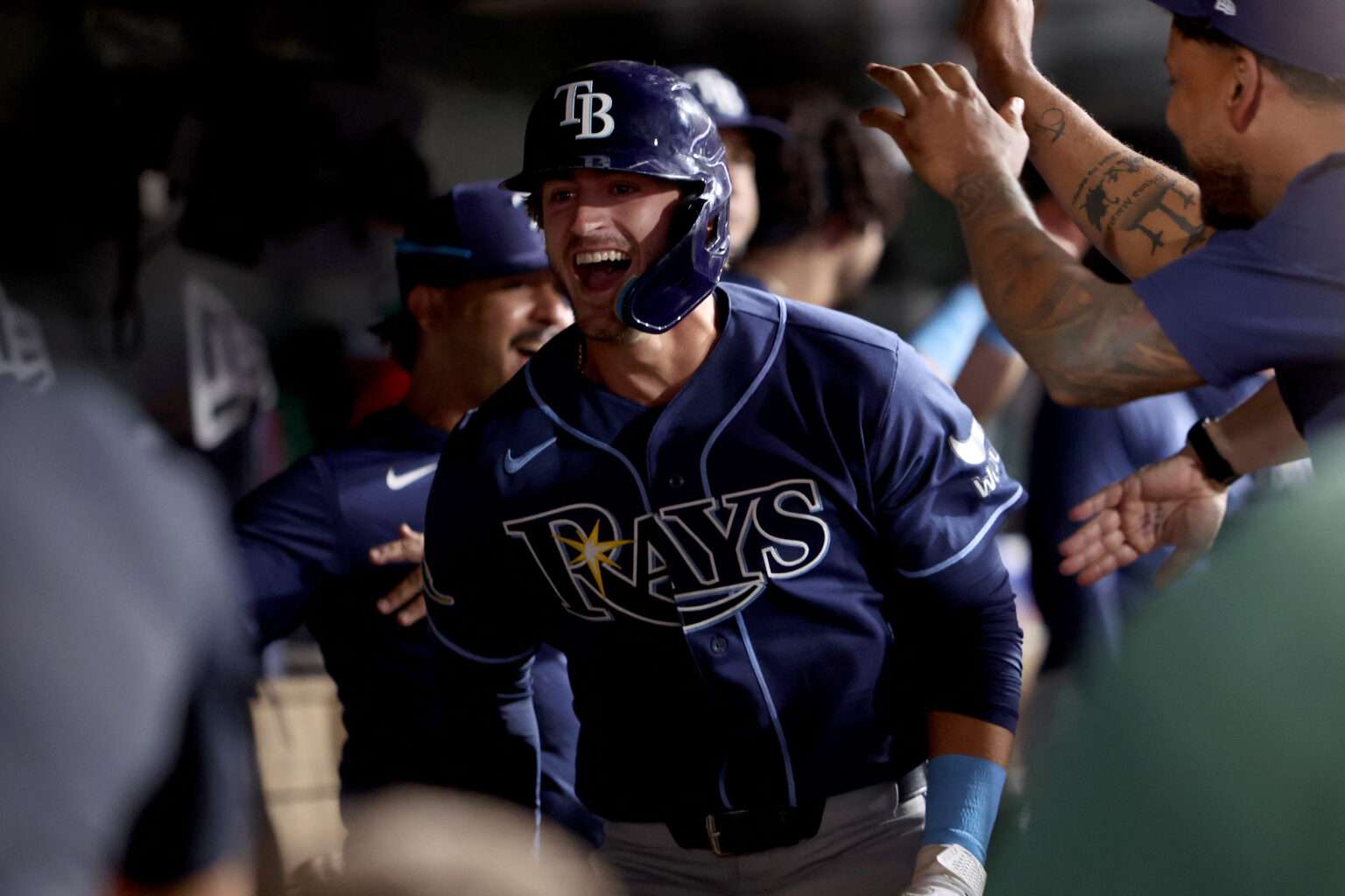 Carson Williams celebrates in the Tampa Bay Rays dugout after an August 2026 home run against the Athletics