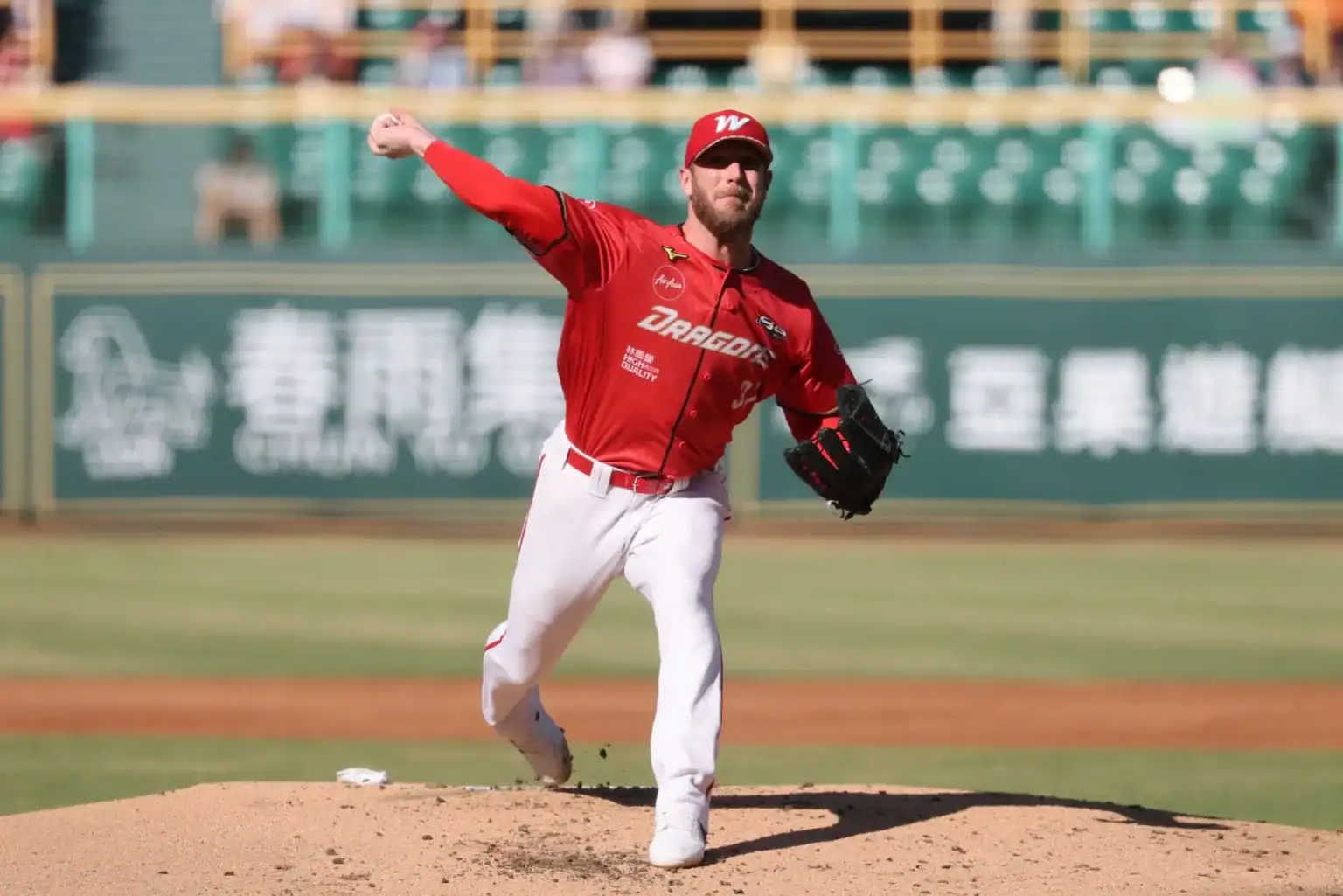 Drew Gagnon delivers a pitch for the Wei Chuan Dragons during the 2026 CPBL season