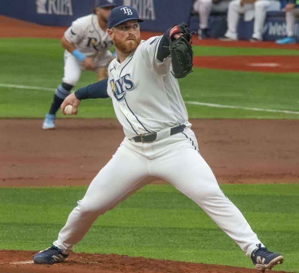 Tampa Bay Rays pitcher Drew Rasmussen on the mound during a 2026 game