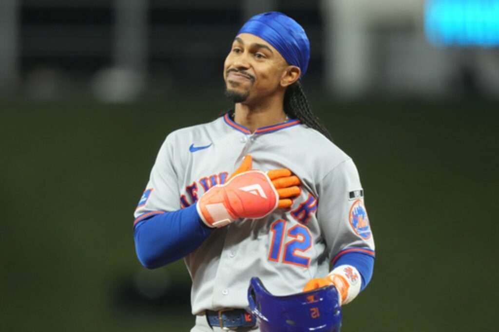 Francisco Lindor smiles in a New York Mets road uniform during a September 9, 2026 game against the Miami Marlins