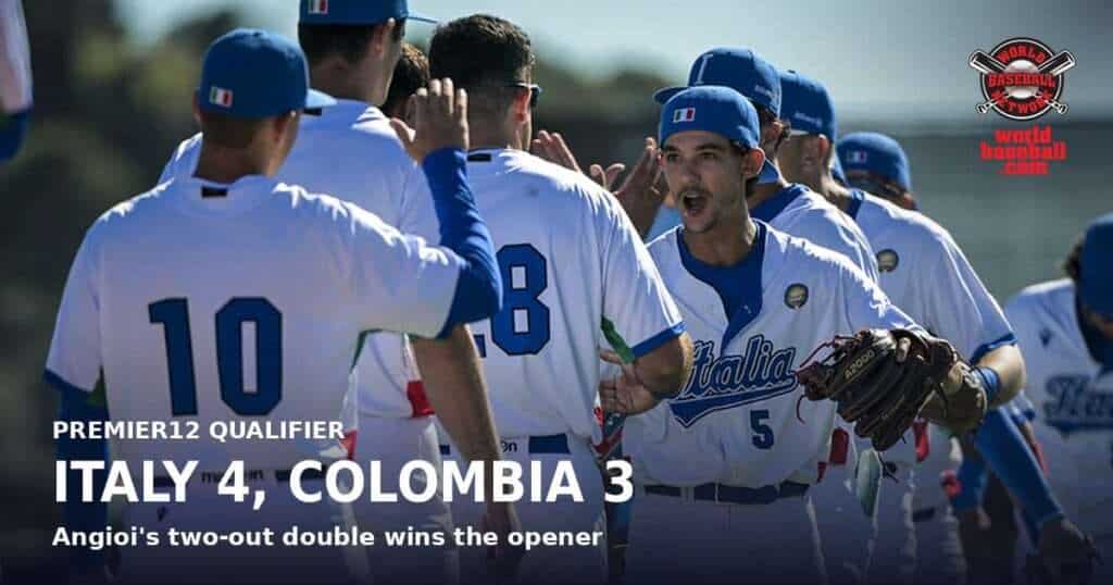Gabriele Angioi celebrates after Italy beat Colombia in the 2027 Premier12 Barcelona Qualifier opener