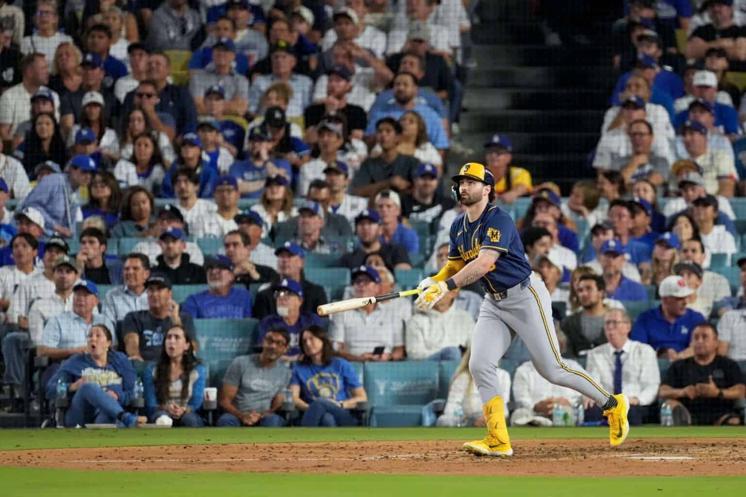 Garrett Mitchell follows through on his go-ahead home run for the Milwaukee Brewers in NLCS Game 4