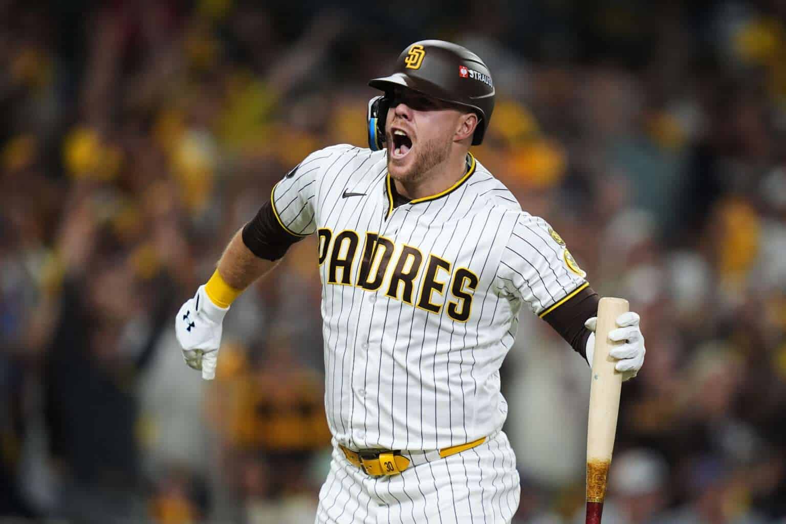 San Diego Padres slugger Gavin Sheets celebrates his two-run home run against the Chicago Cubs in NL Wild Card Game 2