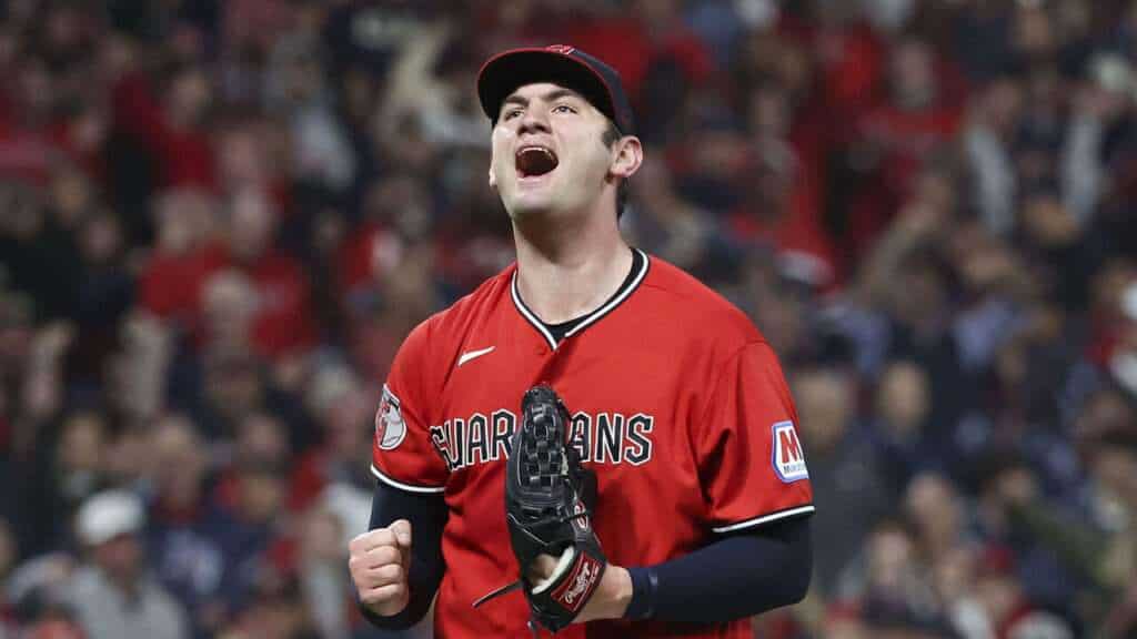 Cleveland Guardians pitcher Gavin Williams celebrates during ALDS Game 5 against the Chicago White Sox