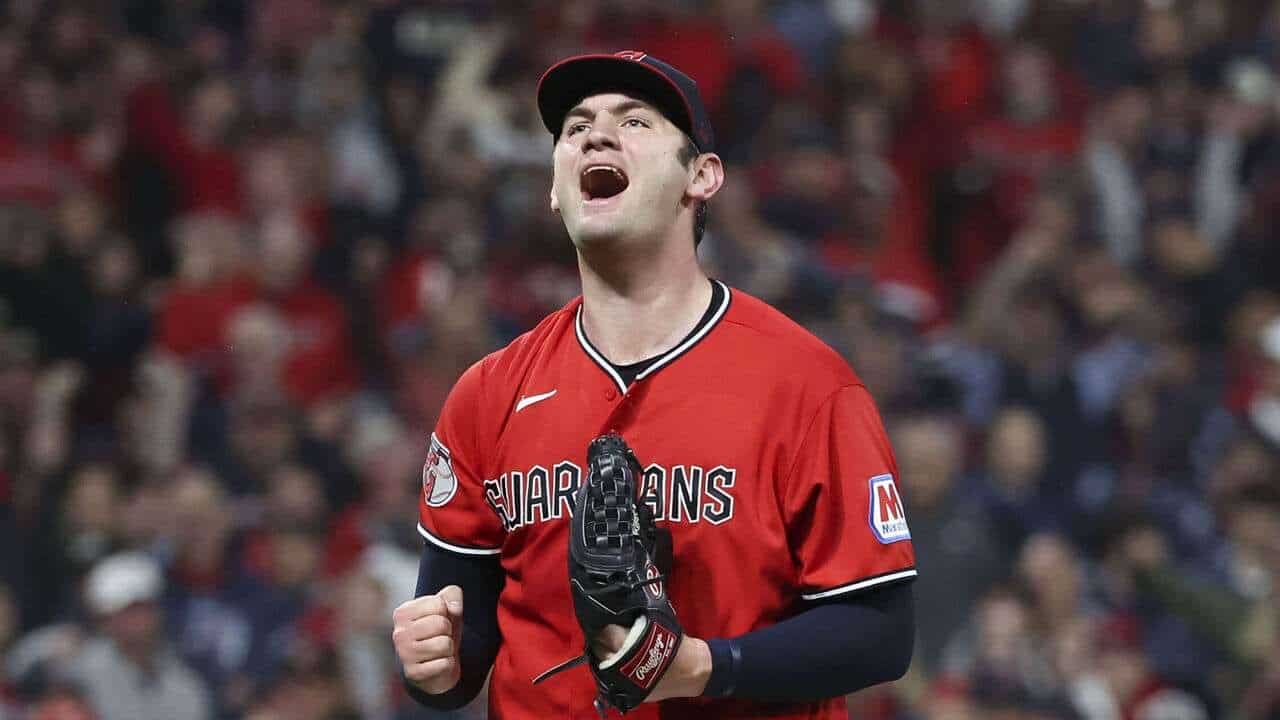 Cleveland Guardians pitcher Gavin Williams celebrates during ALDS Game 5 against the Chicago White Sox