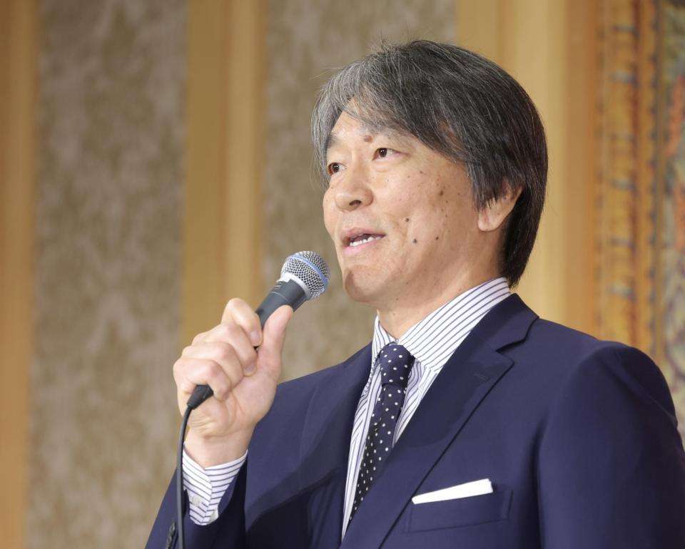 Hideki Matsui addresses reporters at his Yomiuri Giants manager appointment press conference in Tokyo on October 23, 2026