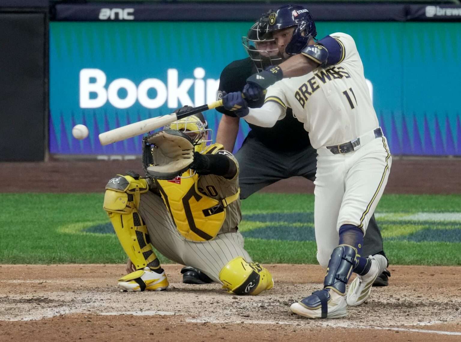 Jackson Chourio of the Milwaukee Brewers hits during the 2026 NL Division Series against the San Diego Padres