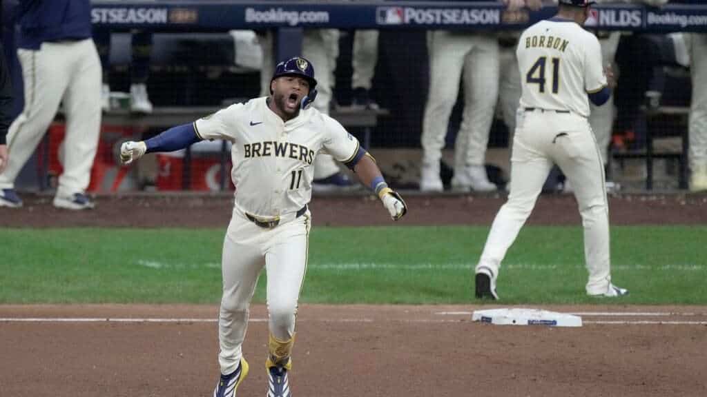 Milwaukee Brewers outfielder Jackson Chourio celebrates during a postseason game