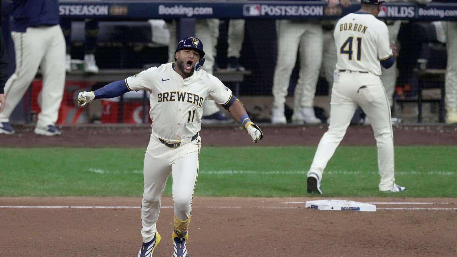 Milwaukee Brewers outfielder Jackson Chourio celebrates during a postseason game