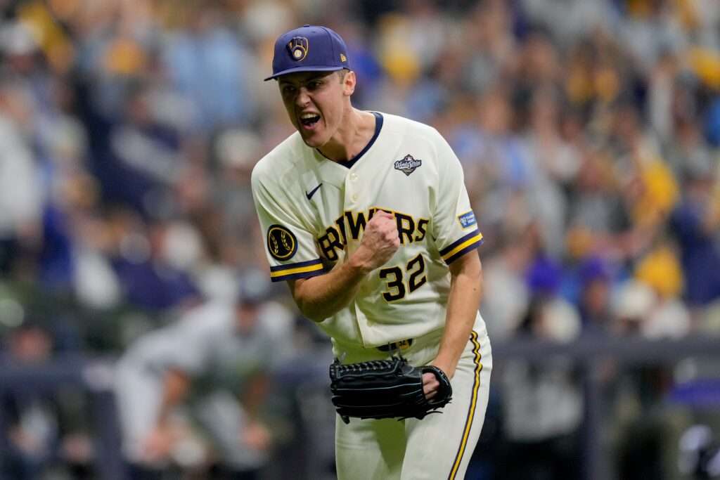 Milwaukee Brewers starter Jacob Misiorowski celebrates during Game 1 of the 2026 World Series against the Tampa Bay Rays.