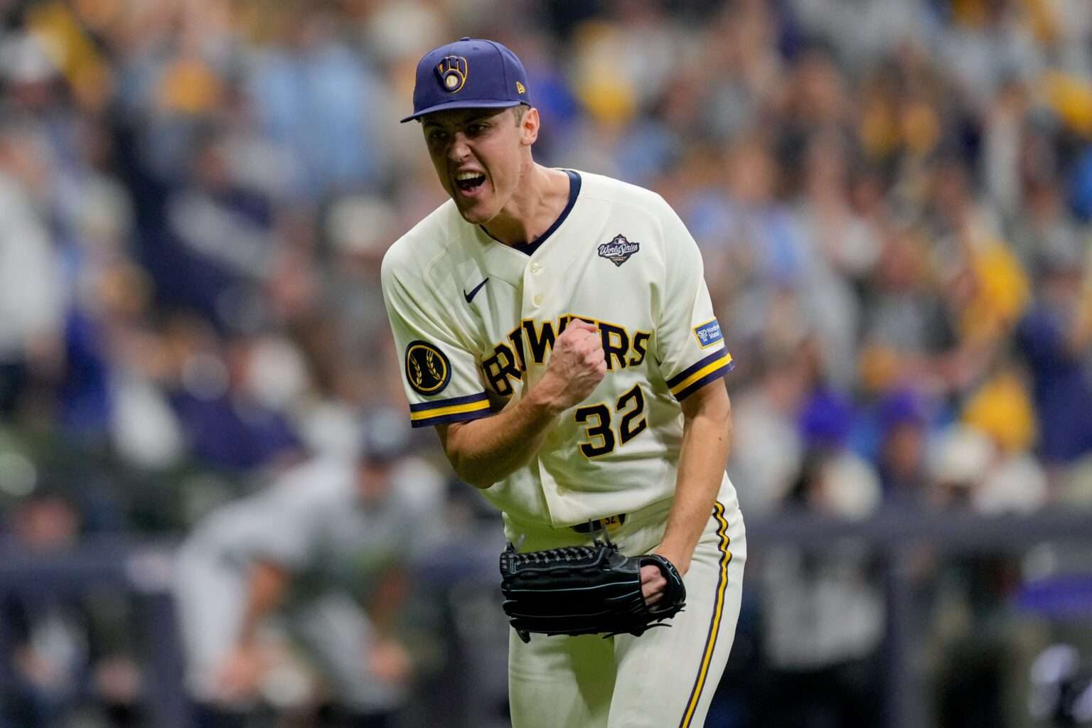 Milwaukee Brewers starter Jacob Misiorowski celebrates during Game 1 of the 2026 World Series against the Tampa Bay Rays.
