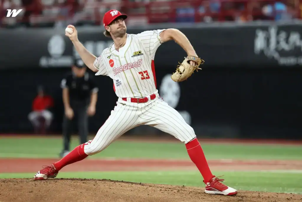 Wei Chuan Dragons pitcher John Gant delivers a pitch during the 2026 CPBL season