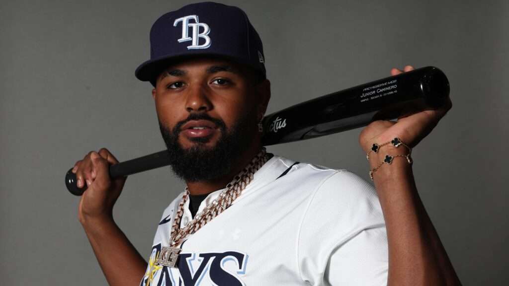 Junior Caminero poses in a Tampa Bay Rays uniform during the 2026 season