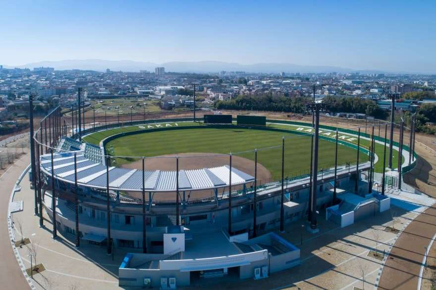 Wide view of Kura Sushi Stadium Sakai showing the baseball field and stands