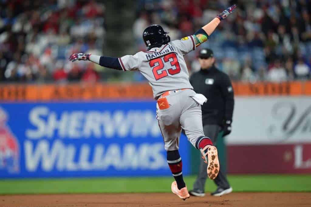 Michael Harris II rounds the bases after hitting a home run for the Atlanta Braves against the Philadelphia Phillies