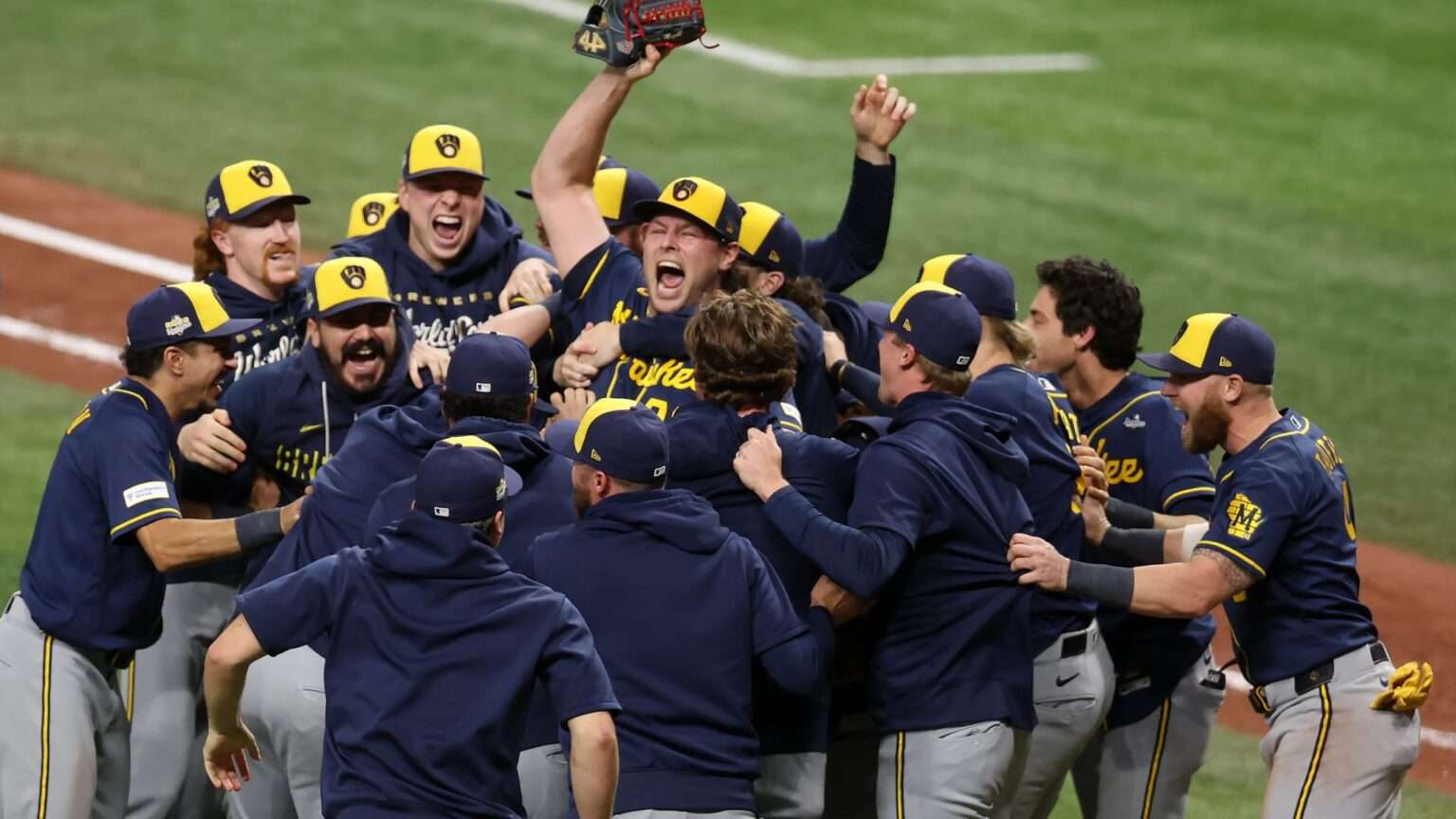 Milwaukee Brewers players celebrate winning the 2026 World Series after Game 5 against the Tampa Bay Rays