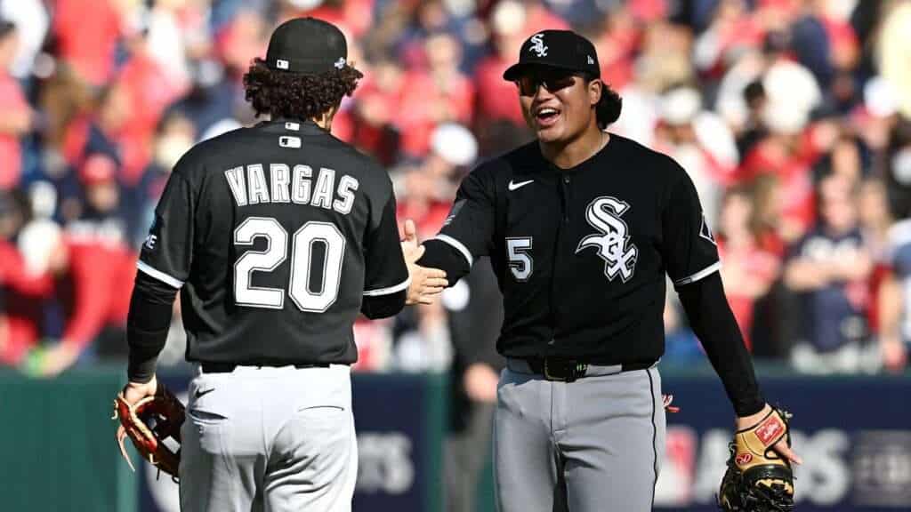 Munetaka Murakami celebrates with Miguel Vargas after the Chicago White Sox beat the Cleveland Guardians in 2026 ALDS Game 1