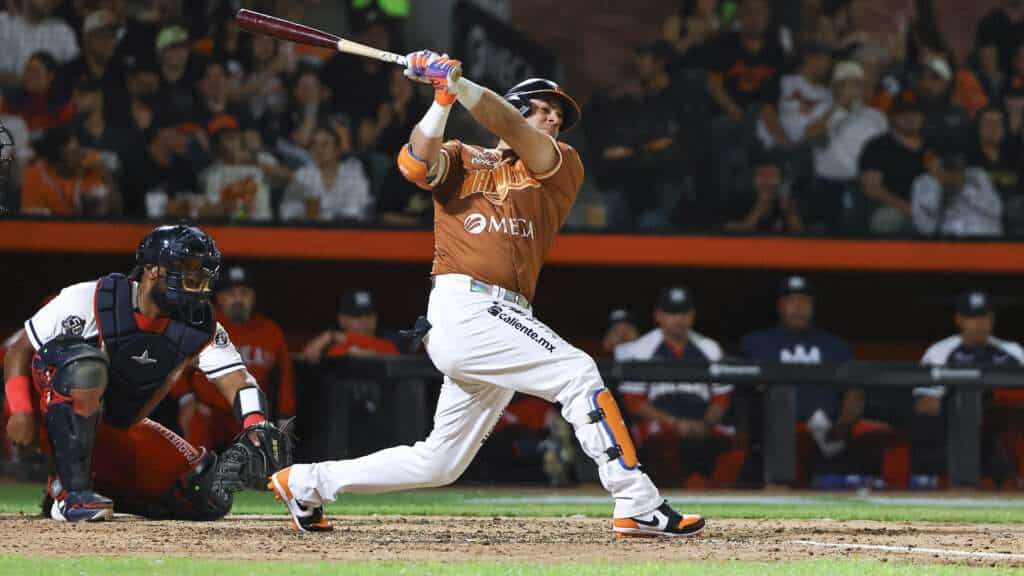 A Naranjeros de Hermosillo batter swings during the 2026-27 home opener against Águilas de Mexicali