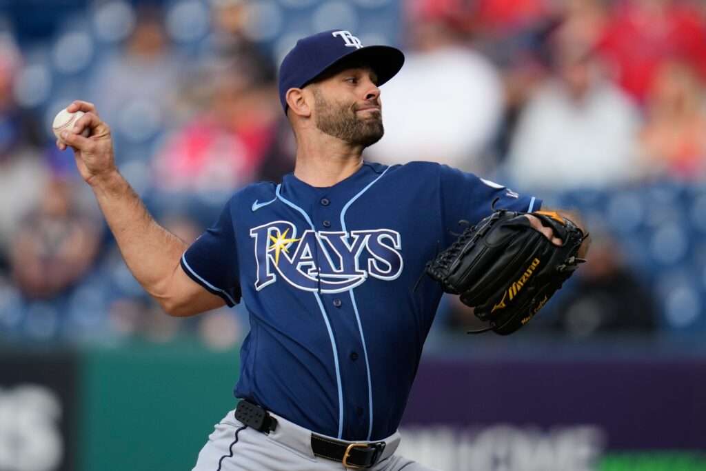 Tampa Bay Rays pitcher Nick Martinez throws against the Cleveland Guardians in April 2026