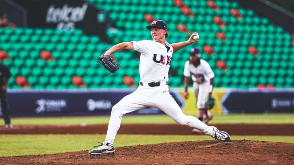 United States pitcher Noah Osterman delivers against Japan in the 2026 U-15 Baseball World Cup