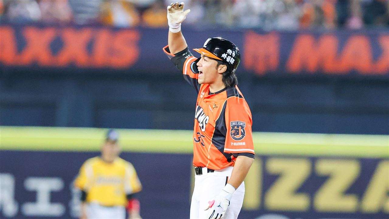 Pan Chieh-kai of the Uni-President Lions celebrates during a 2026 CPBL game