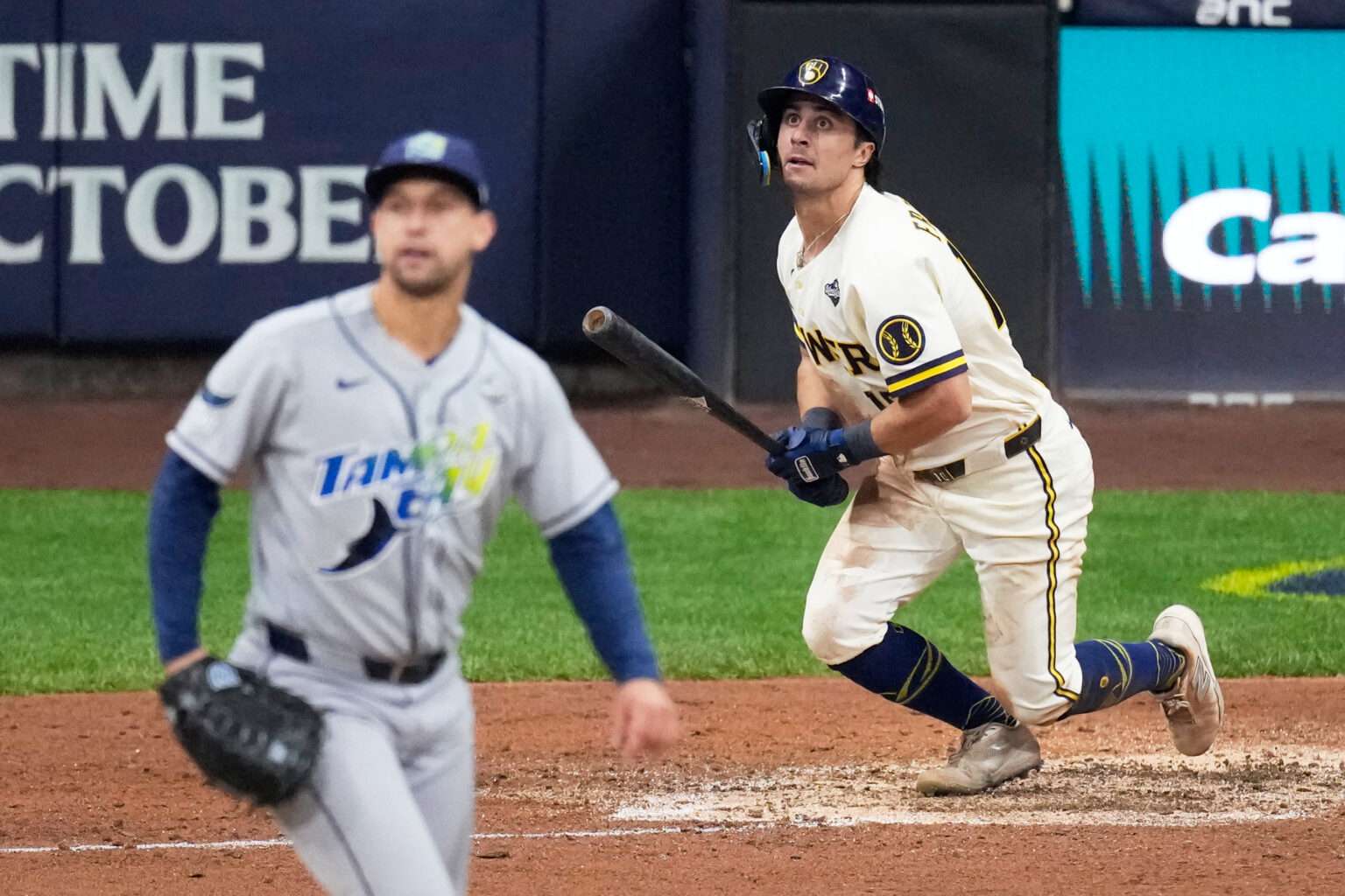 Sal Frelick of the Milwaukee Brewers watches his sixth-inning home run against the Tampa Bay Rays during Game 2 of the 2026 World Series