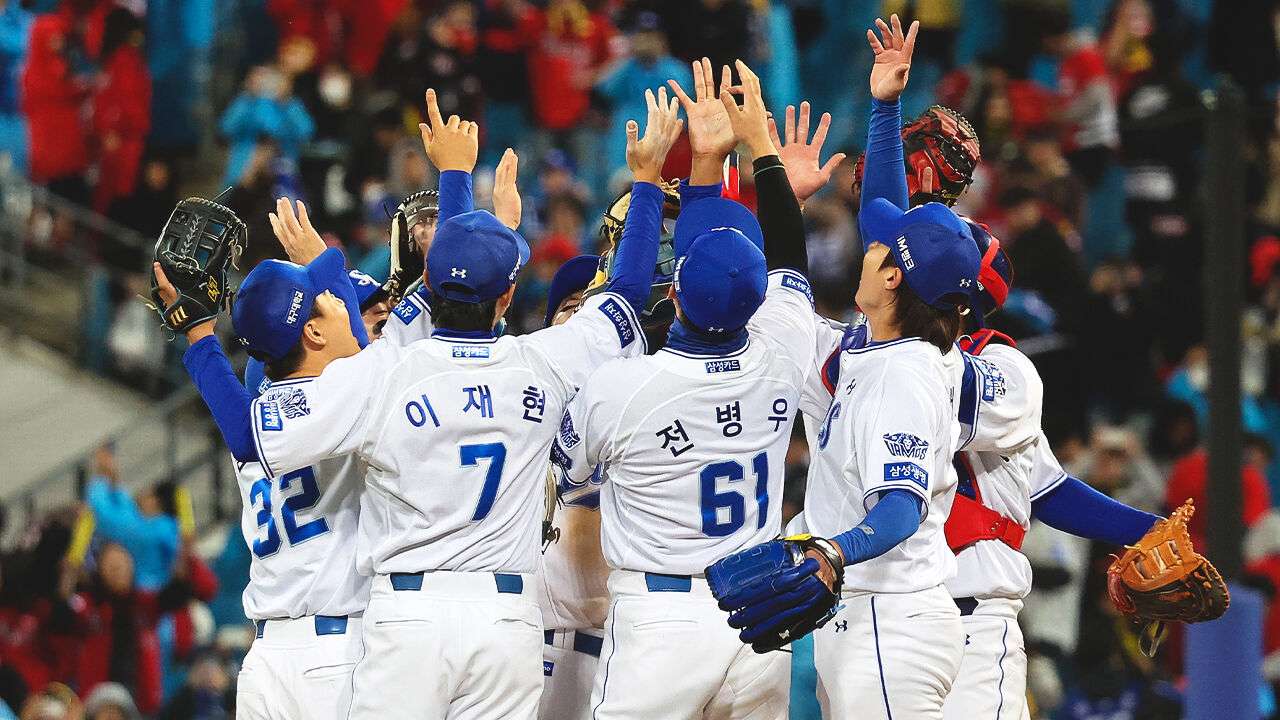 Samsung Lions players celebrate their 8-3 victory over the KIA Tigers in KBO playoff Game 2 on October 27, 2026