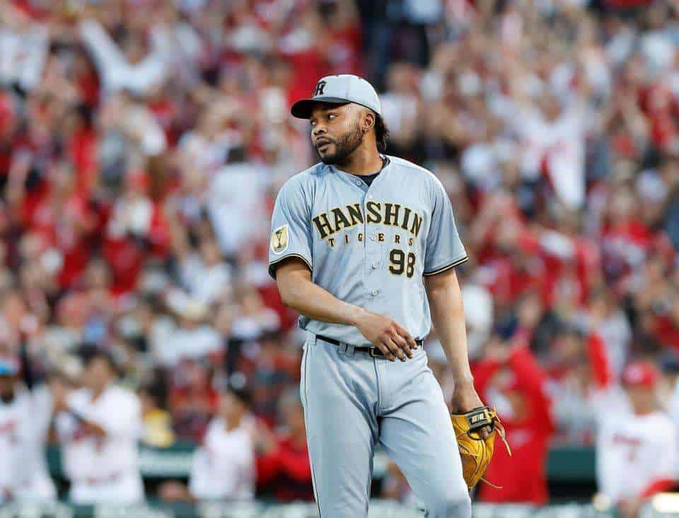 Rafael Dolis reacts after allowing Shosei Nakamura’s go-ahead RBI single for Hiroshima against Hanshin on October 3, 2026