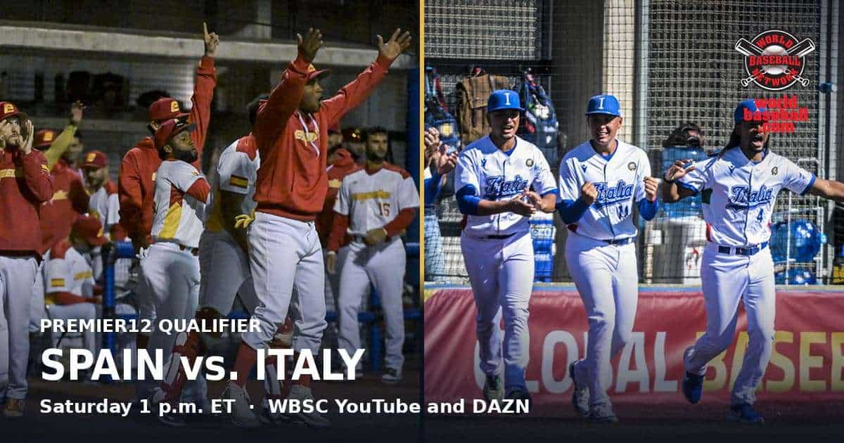 Spain national baseball team players celebrate from the dugout during the 2027 Premier12 Barcelona Qualifier
