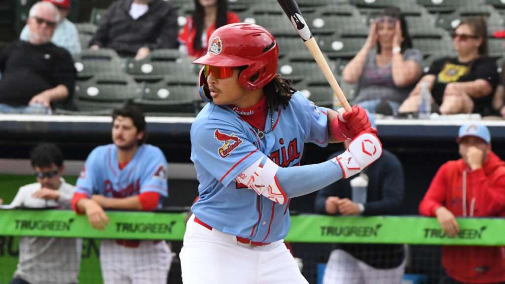 Tai Peete batting for the Peoria Chiefs in an April 2026 Minor League Baseball game
