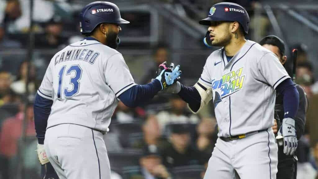 Victor Mesa Jr. and Junior Caminero celebrate for the Tampa Bay Rays during the 2026 ALDS against the New York Yankees