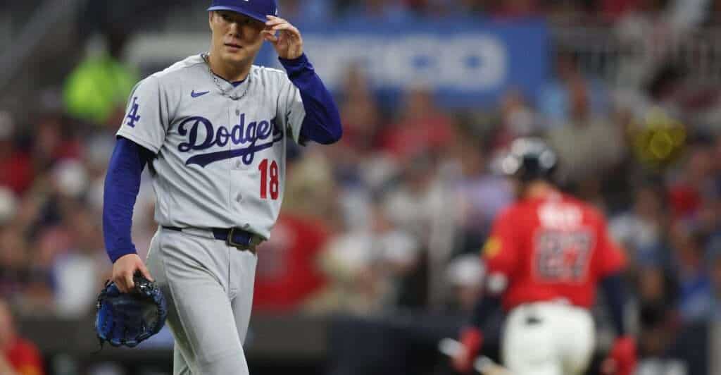 Yoshinobu Yamamoto pitches for the Los Angeles Dodgers against the Atlanta Braves in 2026 NLDS Game 3